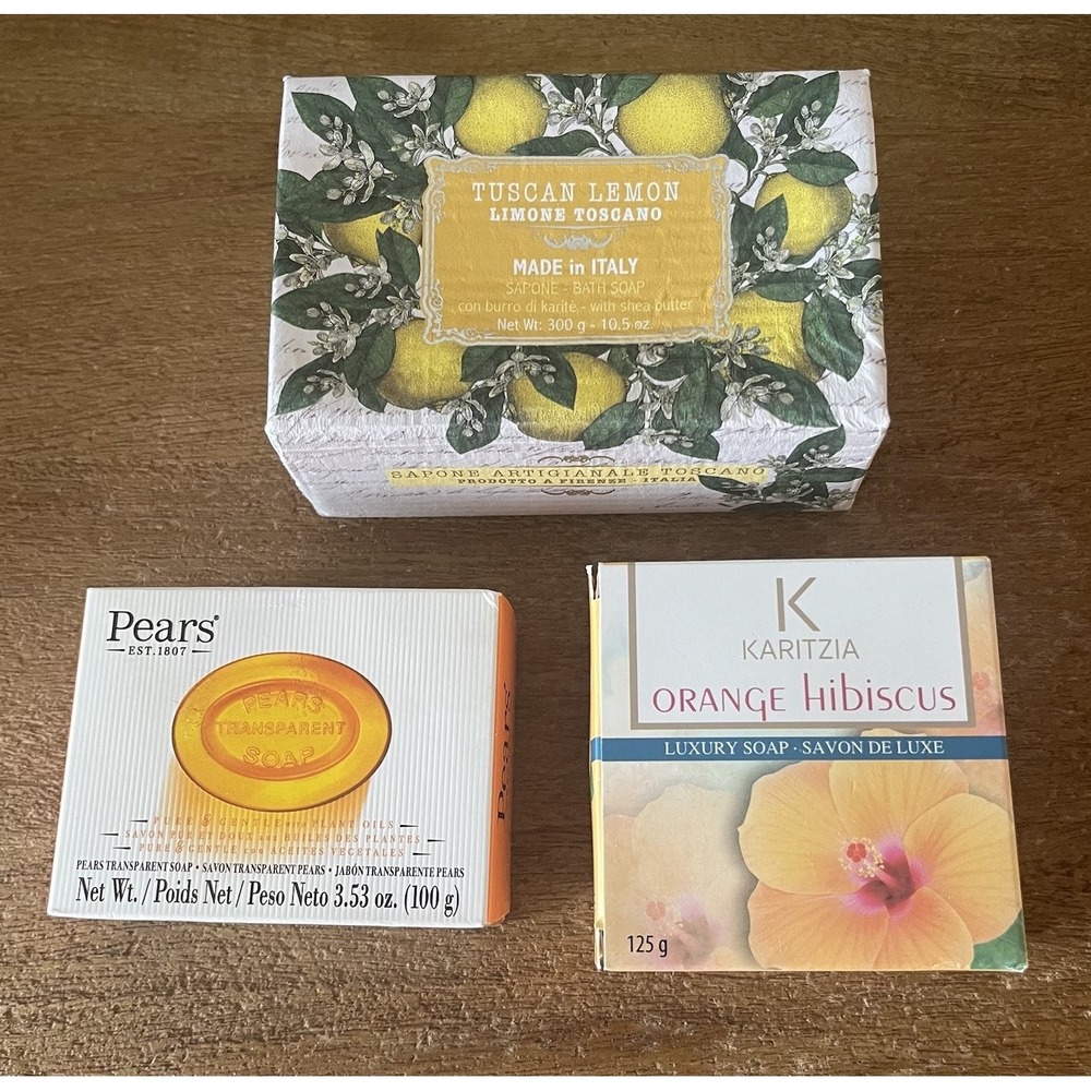 Lot‎ of 3 Bath Soaps Pears Transparent Karitzia Orange Hibiscus Tuscan Lemon